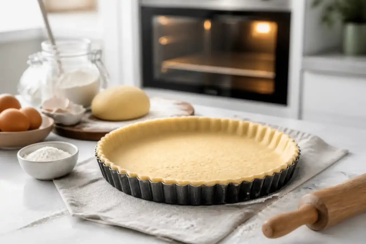 Illustration aquarellée d'une tarte maison dorée sur une table de cuisine rustique