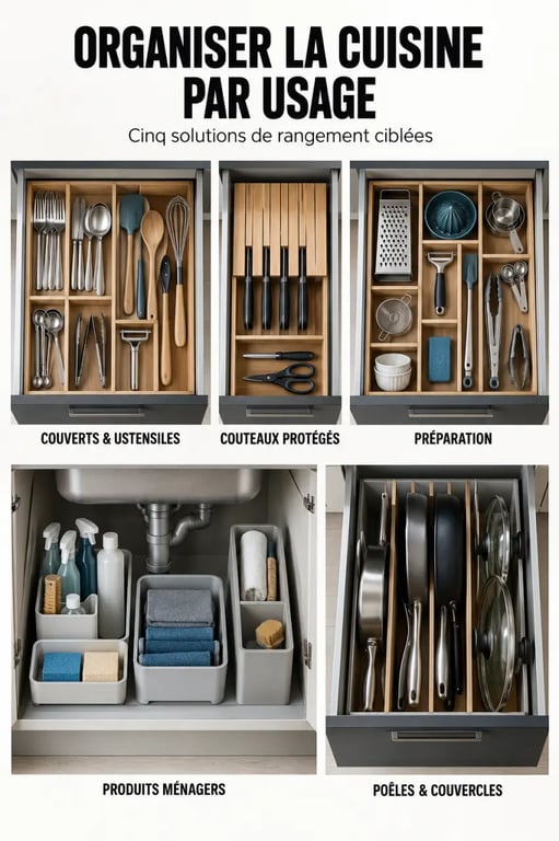 Différentes configurations de rangement tiroir dans une cuisine