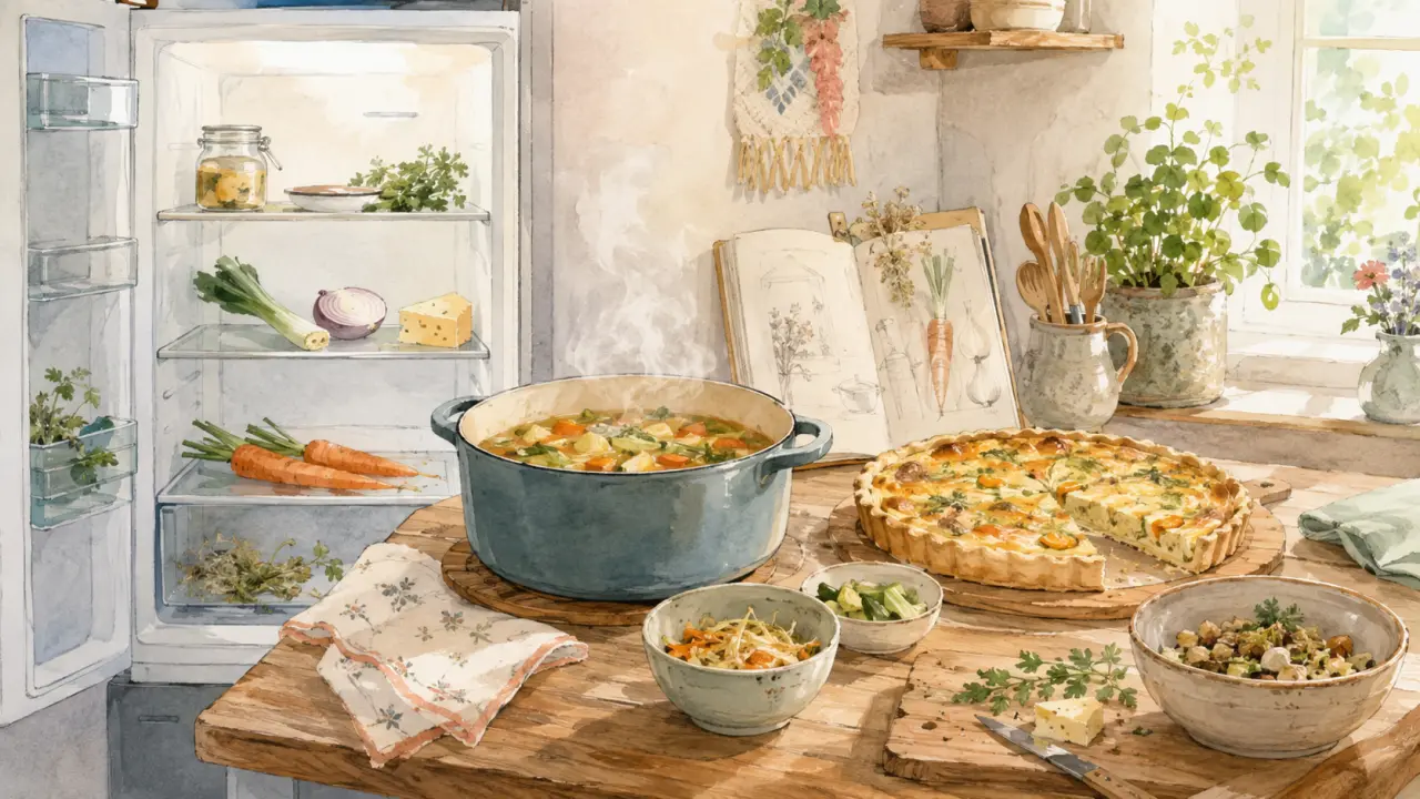 Illustration d'une cuisine lumineuse avec légumes, planche en bois, bol de soupe et tarte maison