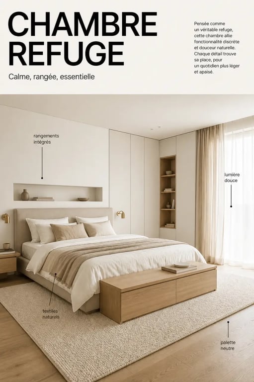 Décoration maison elegancedeco.fr : chambre apaisante et fonctionnelle avec matières naturelles