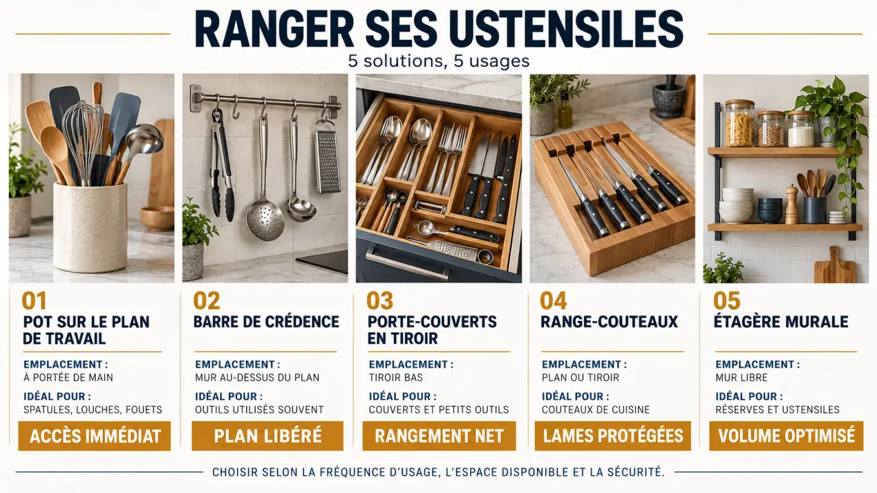 Porte ustensile cuisine : aperçu comparatif des rangements à poser, muraux, en tiroir et sur crédence