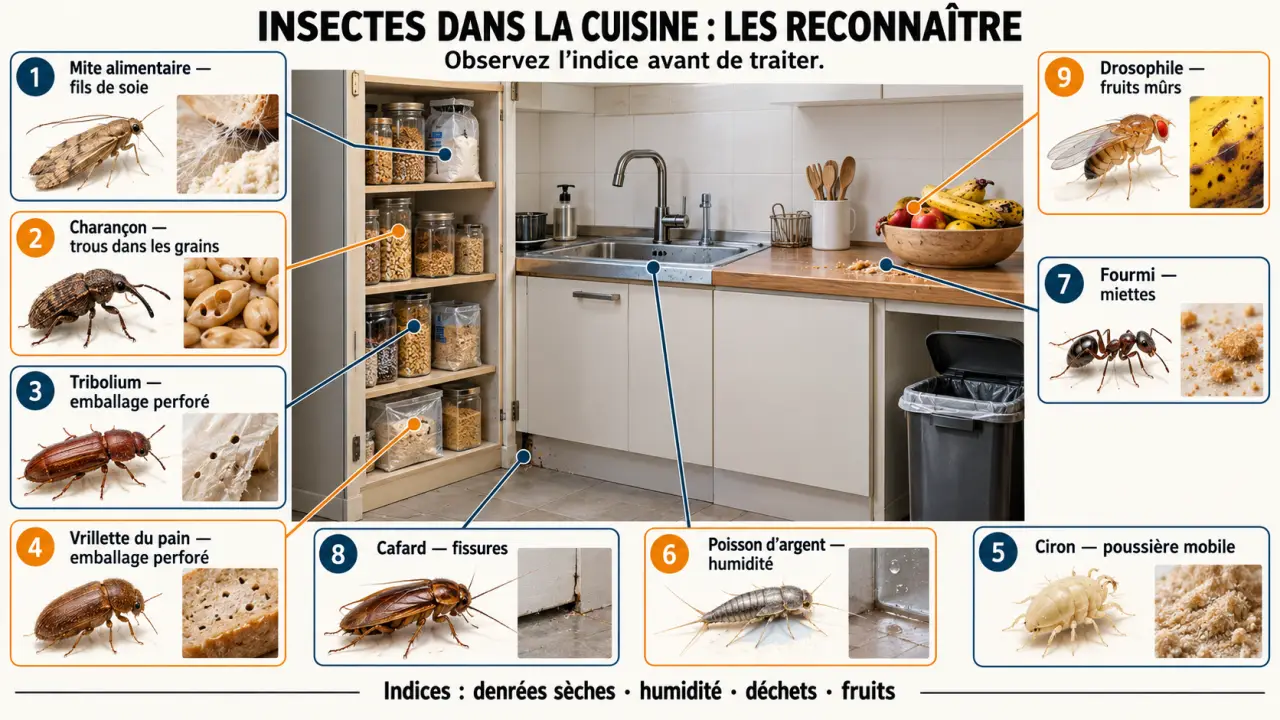 Infographie pour identifier un insecte dans la cuisine selon son apparence, son emplacement et les traces observées