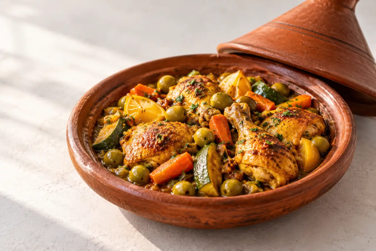 Recette Tous en cuisine : tajine de poulet servi dans un plat traditionnel