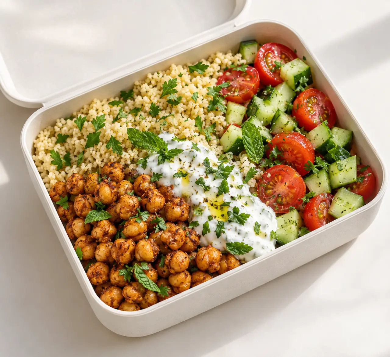 Plat healthy de pois chiches, semoule et crudités présenté en lunch box