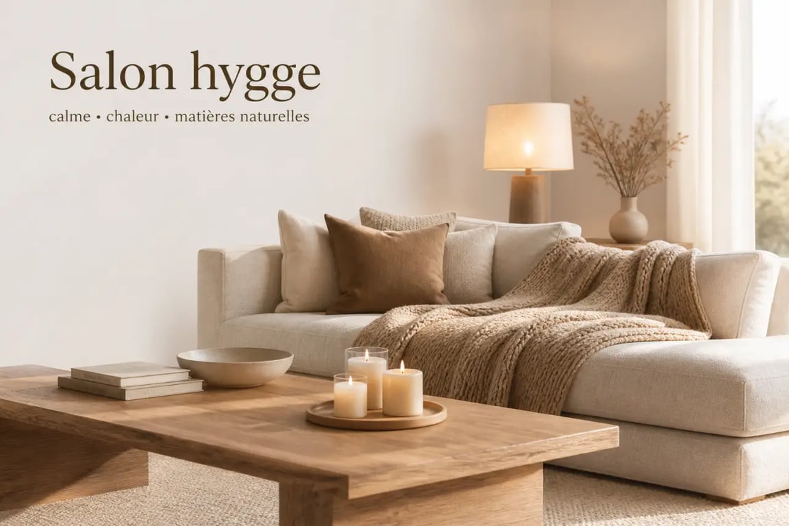 Créer intérieur hygge-a-la-maison.fr : salon cocooning avec lumière tamisée, plaid et matières naturelles