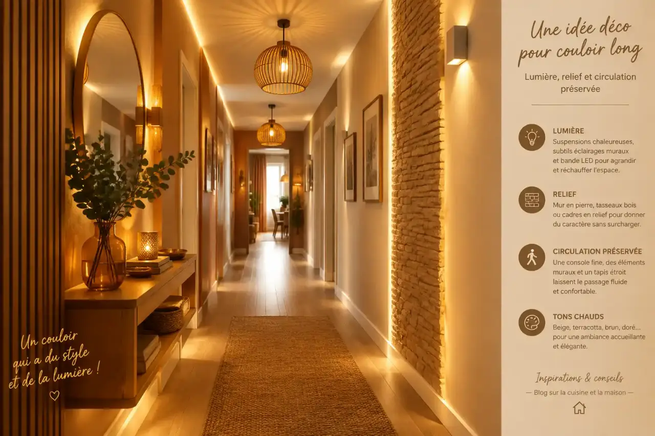 Une idée déco pour couloir long, avec lumière, relief et circulation préservée
