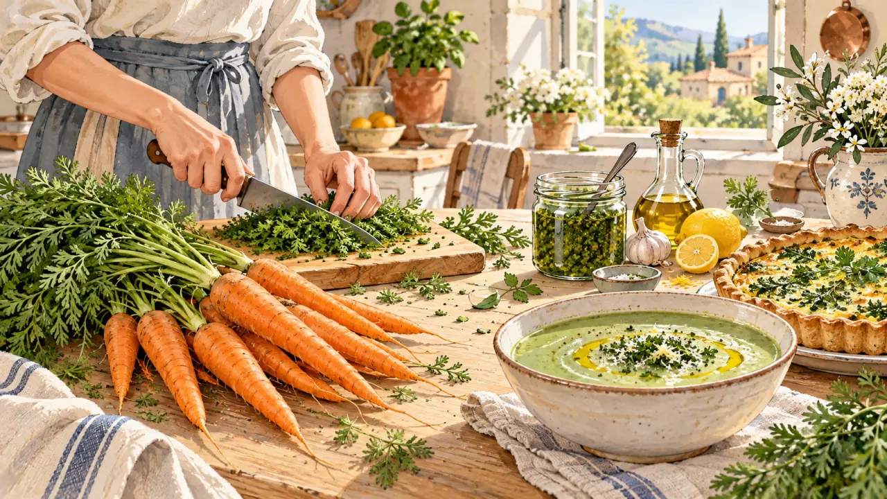 Fanes de carottes fraîches sur un plan de travail de cuisine