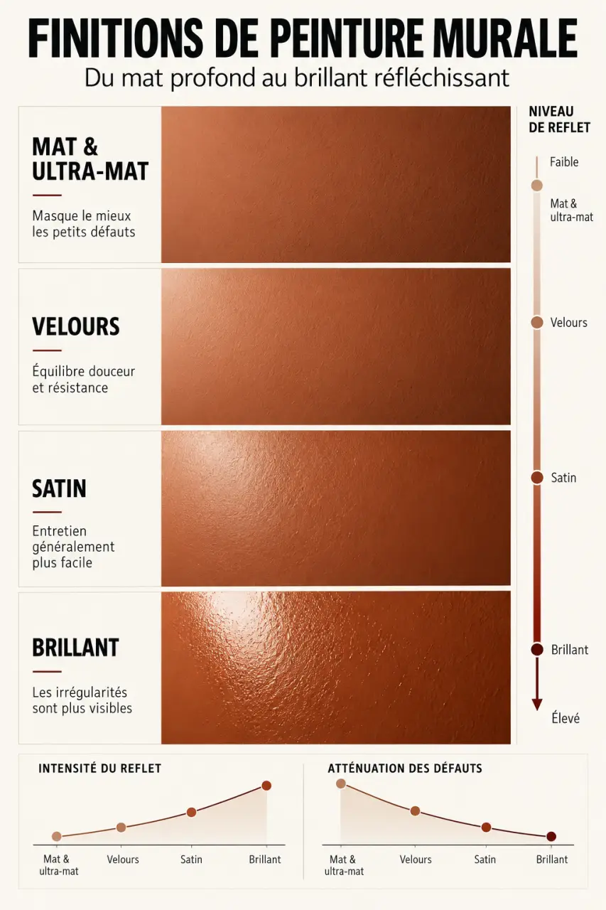Comparaison des finitions pour une peinture couleur mur : mat, velours, satin et brillant
